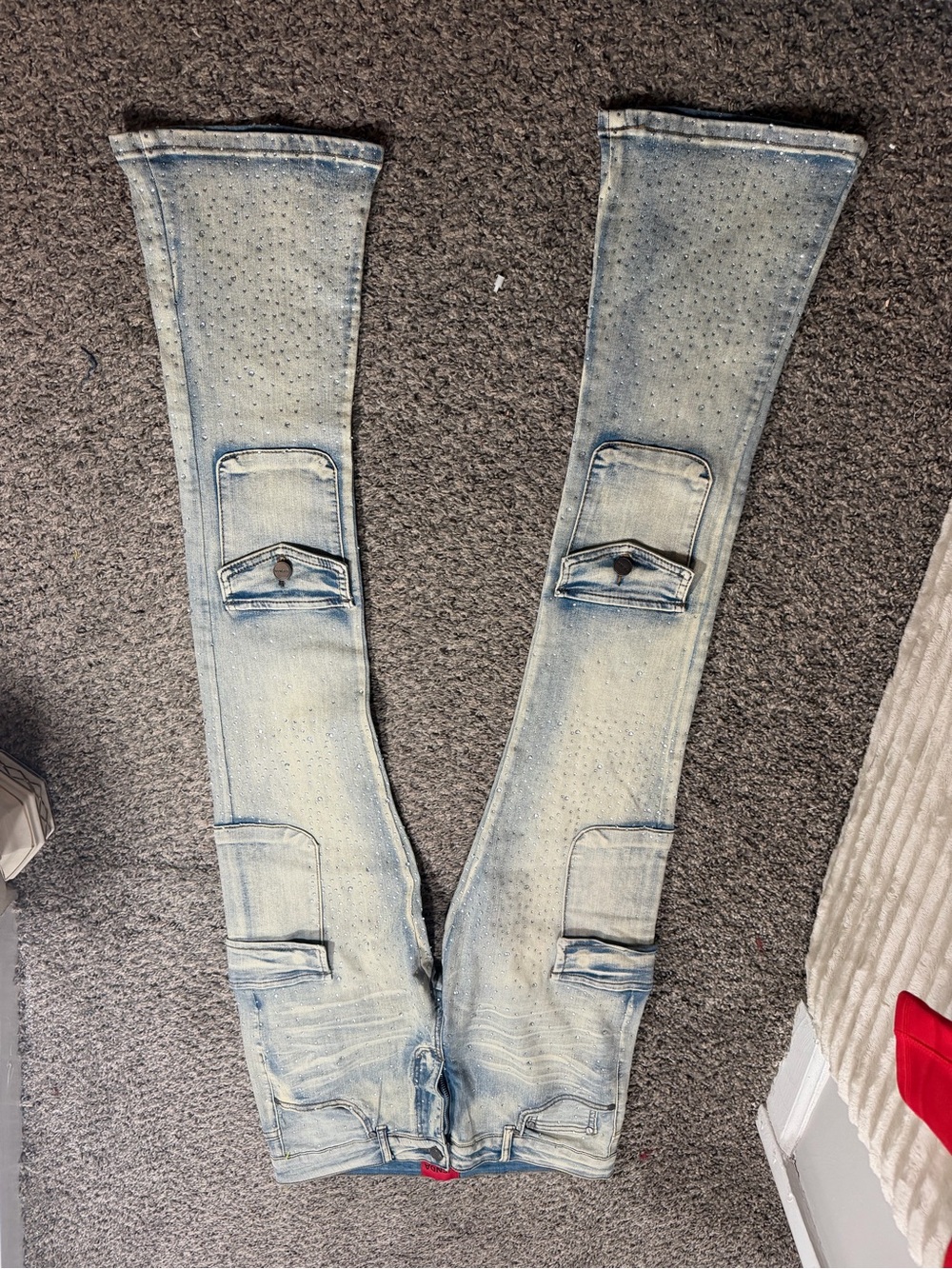 Light Blue Women's Flare Cargo Jeans with Pocket Detail